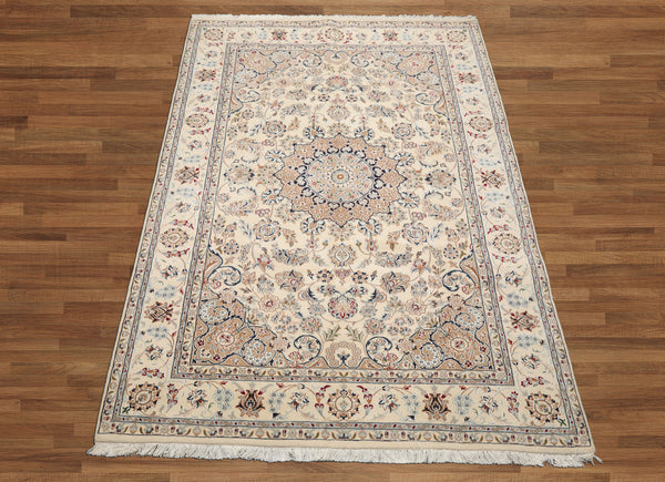 6x9 Ivory, Tan, Navy Color Hand Knotted Nain Wool & Silk Traditional Oriental Rug