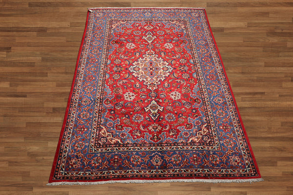 7x10 Red, Blue, Navy Color Hand Knotted Isfahan Wool Traditional Oriental Rug