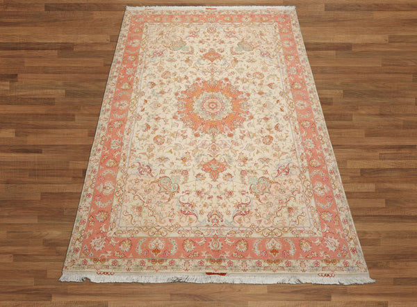 6x10 Ivory, Rose, Lime Color Hand Knotted Tabriz Wool & Silk Traditional Oriental Rug