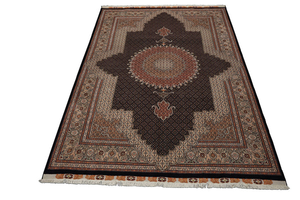 8x11 Midnight Blue, Ivory, Rose Color Hand Knotted Tabriz Wool Traditional Oriental Rug