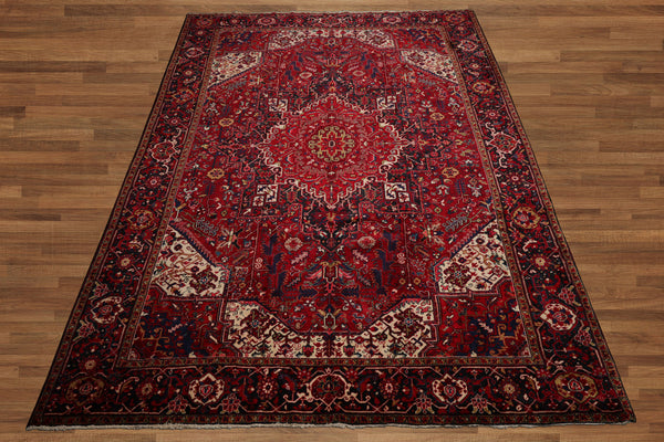 10x13 Red, Navy, Ivory Color Hand Knotted Heriz Wool Traditional Oriental Rug