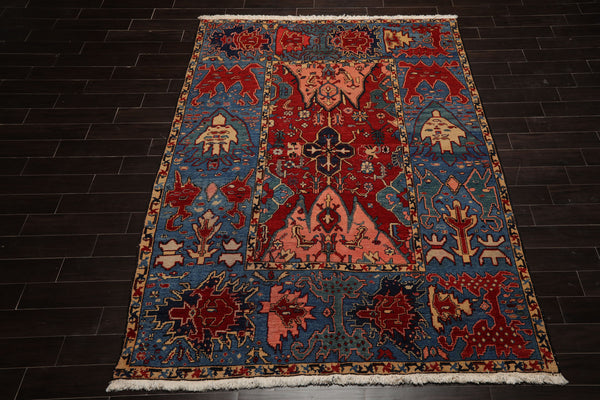 7x9 Red, Blue, Pink Color Hand Knotted Kazak Wool Arts & Crafts Oriental Rug