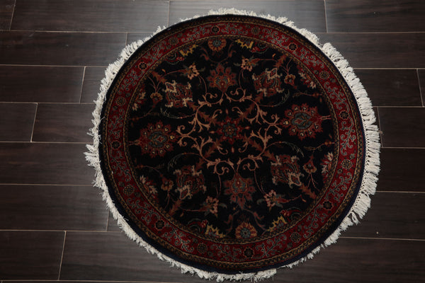 Round Midnight Blue, Burgundy, Rose Color Hand Knotted Agra New Zealand Wool Traditional Oriental Rug