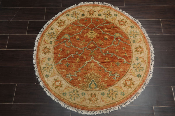 Round Burnt Orange, Beige, Turquoise Color Hand Knotted Agra New Zealand Wool Traditional Oriental Rug