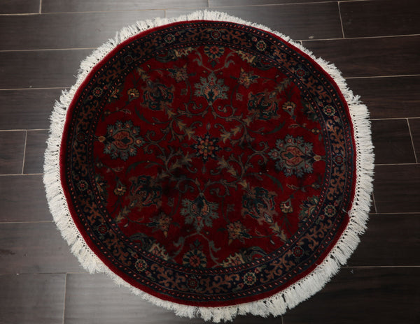 Round Burgundy, Navy, Teal Color Hand Knotted Agra New Zealand Wool Traditional Oriental Rug