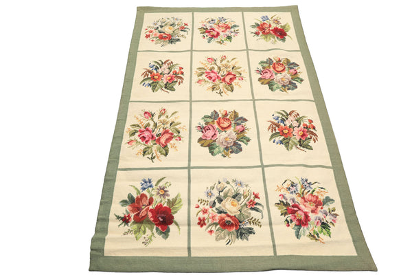 4x6 Ivory, Sage, Red Color Hand Woven Portugese Needlepoint Wool Traditional Oriental Rug
