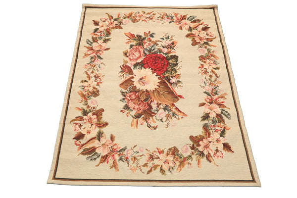 4x6 Ivory, Pink, Blush Color Hand Woven French Needlepoint Wool Traditional Oriental Rug