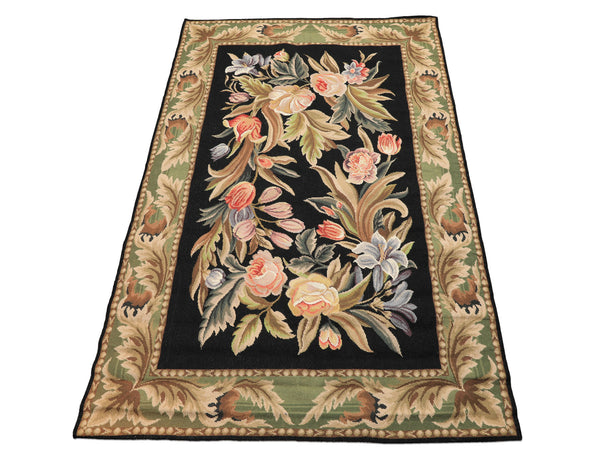4x6 Black, Sage, Lavender Color Hand Woven French Needlepoint Wool Traditional Oriental Rug