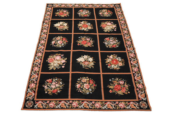 5x8 Black, Brown, Coral Color Hand Woven French Needlepoint Wool Traditional Oriental Rug