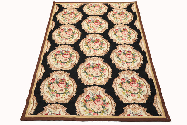 4x6 Black, Ivory, Brown Color Hand Woven French Needlepoint Wool Traditional Oriental Rug