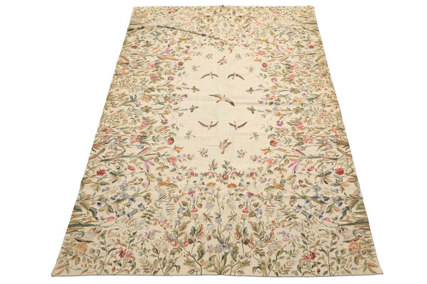 5x8 Beige, Sage, Lavender Color Hand Woven French Needlepoint Wool Traditional Oriental Rug