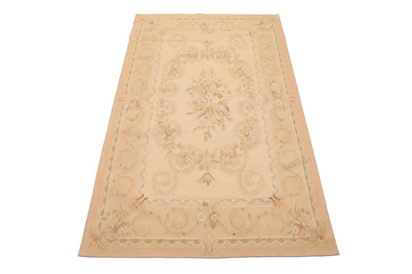 4x6 Beige, Tan, Peach Color Hand Woven French Aubusson Wool Traditional Oriental Rug