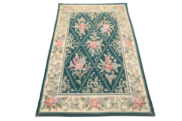 4x6 Teal, Ivory, Blush Color Hand Woven French Needlepoint Wool Traditional Oriental Rug