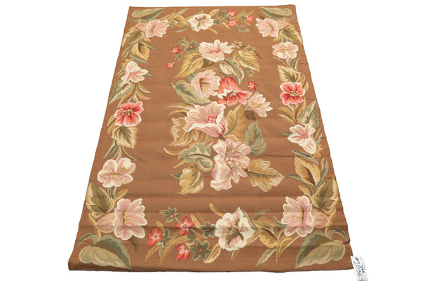 4x6 Brown, Gold, Pink Color Hand Woven French Needlepoint Wool Traditional Oriental Rug