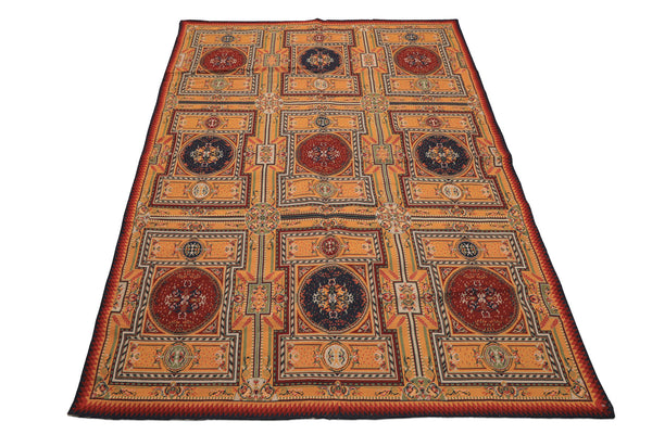 5x8 Gold, Navy, Green Color Hand Woven French Needlepoint Wool Traditional Oriental Rug