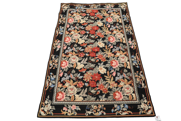 4x6 Black, Ivory, Tan Color Hand Woven French Needlepoint Wool Traditional Oriental Rug
