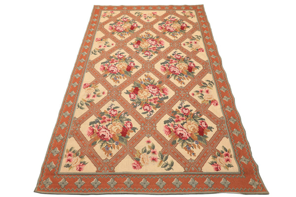 4x7 Light Peach, Burnt Orange, Pink Color Hand Woven French Needlepoint Wool Traditional Oriental Rug