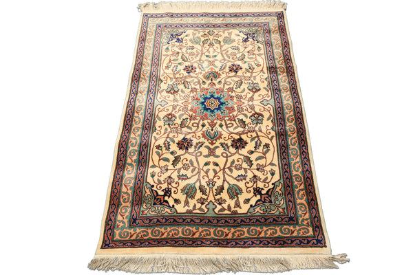 3x5 Ivory, Navy, Turquoise Color Hand Knotted French Aubusson Savonerrie Wool Traditional Oriental Rug
