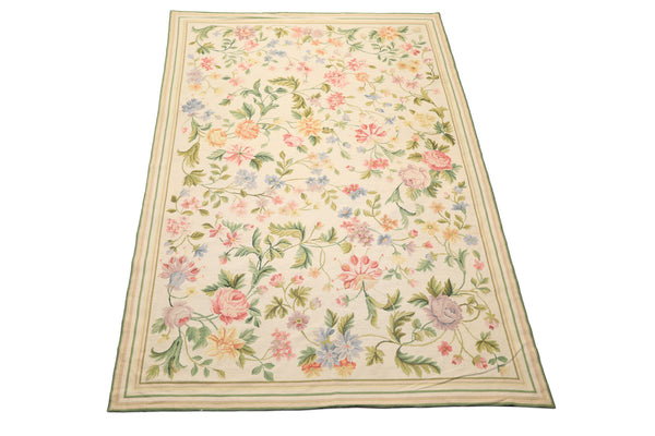 6x9 Ivory, Lime, Blue Color Hand Woven French Needlepoint Aubusson Wool Traditional Oriental Rug