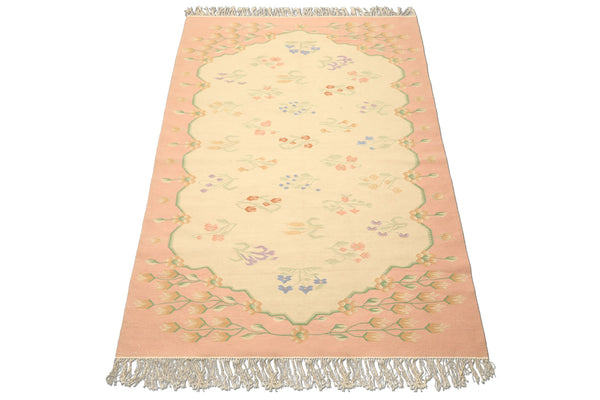6x9 Ivory, Blush, Green Color Hand Woven Dhurry Kilim Wool Transitional Oriental Rug