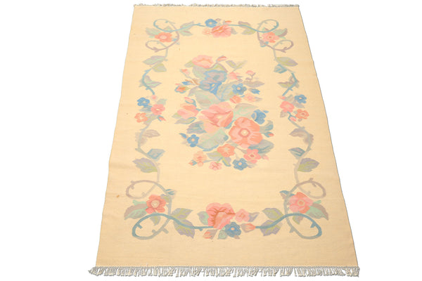 6x9 Ivory, Aqua, Rose Color Hand Woven Dhurry Kilim Wool Transitional Oriental Rug