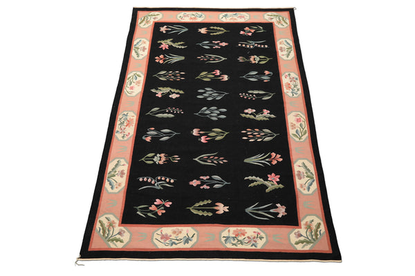 6x9 Black, Blush, Ivory Color Hand Woven Dhurry Kilim Wool Transitional Oriental Rug