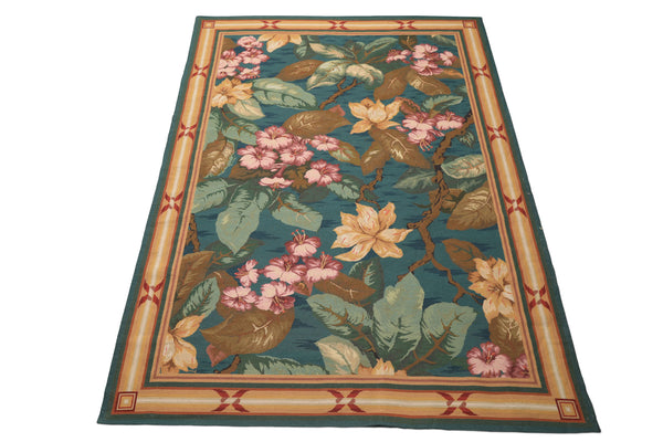 6x9 Teal, Gold, Brown Color Hand Woven French Aubusson Needlepoint Wool Traditional Oriental Rug