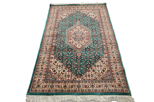 4x6 Green, Ivory, Rust Color Hand Knotted Indo Tabriz Wool Traditional Oriental Rug