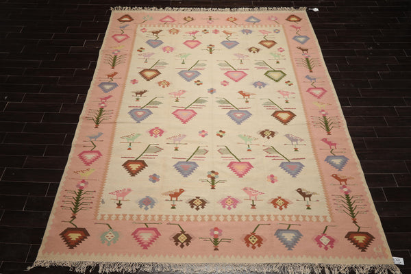 9x12 Ivory, Pink, Lavender Color Hand Woven Kilim Wool Tribal Oriental Rug