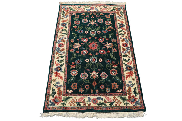 3x5 Emerald, Ivory, Blush Color Hand Knotted Indo Kashan Wool Traditional Oriental Rug