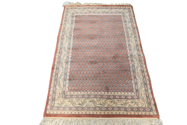 4x6 Rose, Ivory, Taupe Color Hand Knotted Boteh Wool Traditional Oriental Rug