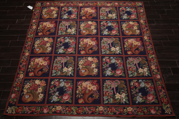 Square Navy, Rust, Orange Color Hand Woven Aubusson Needlepoint Wool Traditional Oriental Rug