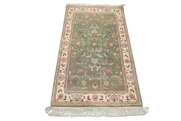 3x5 Sage, Ivory, Rose Color Hand Knotted Indo Kashan Wool Traditional Oriental Rug