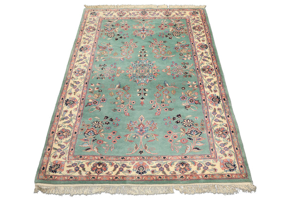 4x6 Turquoise, Ivory, Rose Color Hand Knotted Indo Kashan Wool Traditional Oriental Rug