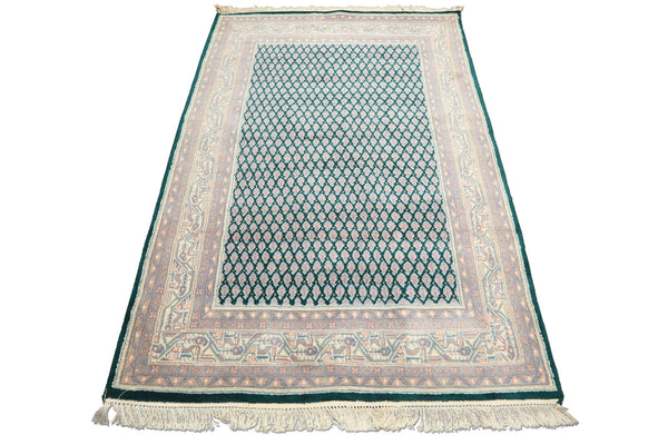 4x6 Emerald, Rose, Ivory Color Hand Knotted Boteh Wool Traditional Oriental Rug