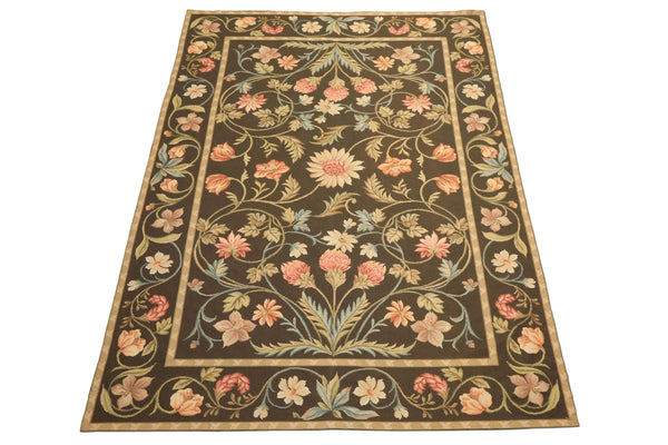 6x9 Green, Gold, Aqua Color Hand Woven French Aubusson Needlepoint Wool Traditional Oriental Rug