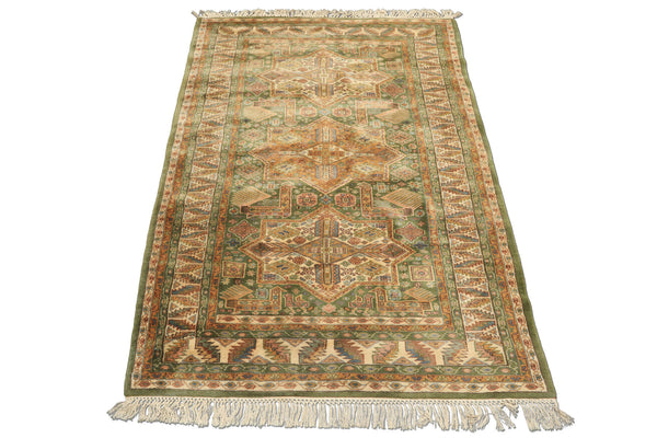 4x6 Green, Ivory, Tan Color Hand Knotted Kazak Wool Traditional Oriental Rug