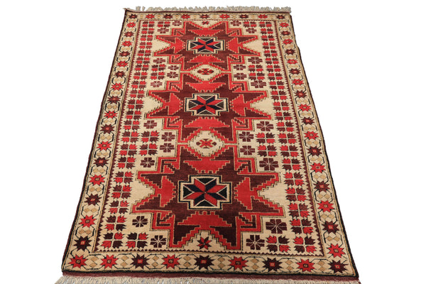 4x6 Ivory, Red, Maroon Color Hand Knotted Turkish Kula Wool Traditional Oriental Rug