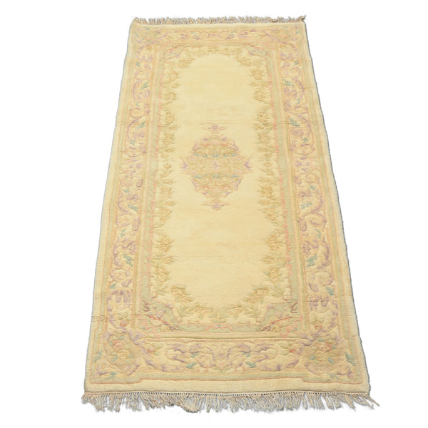 Runner Ivory, Mint, Lavender Color Hand Knotted French Aubusson savonnerie Wool Traditional Oriental Rug