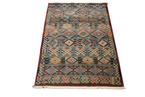 5x8 Teal, Ivory, Peach Color Machine Made Gabbeh Wool Southwestern Oriental Rug