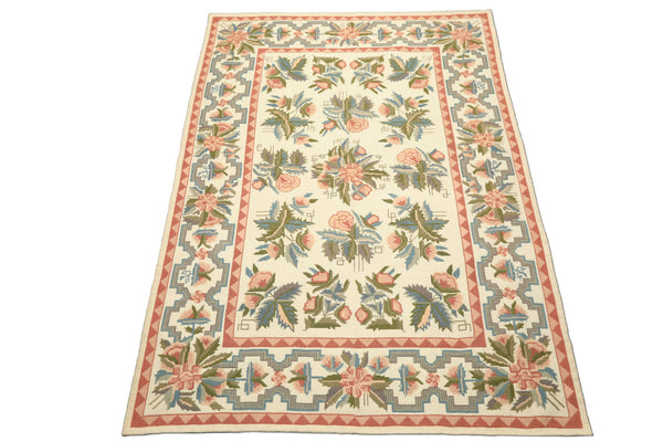 6x9 Ivory, Blush, Rose Color Hand Woven Portugese Needlepoint Wool Transitional Oriental Rug