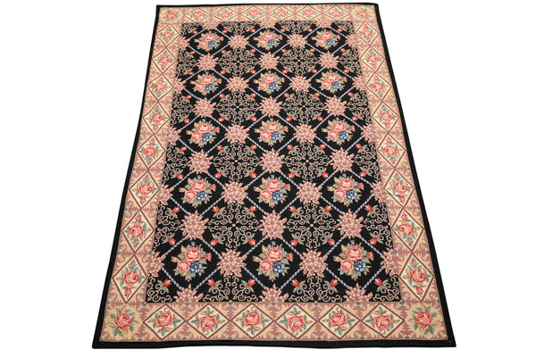 6x9 Black, Ivory, Green Color Hand Woven French Aubusson Needlepoint Wool Traditional Oriental Rug