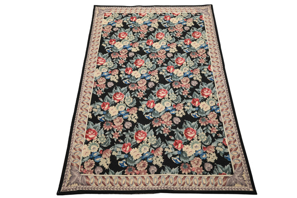 6x9 Black, Ivory, Rose Color Hand Woven French Aubusson Needlepoint Wool Traditional Oriental Rug