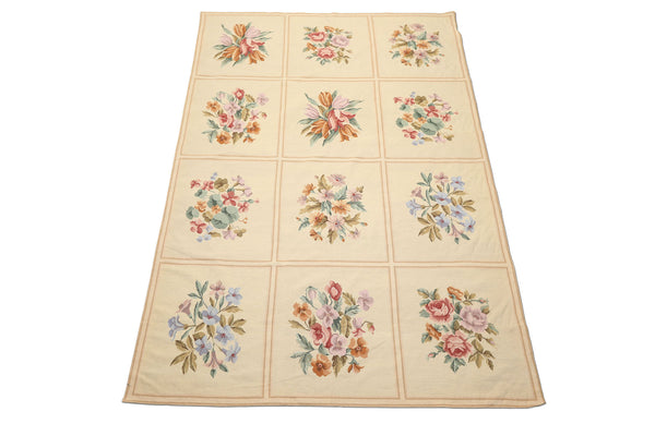 6x9 Ivory, Pink, Lavender Color Hand Woven French Aubusson Needlepoint Wool Traditional Oriental Rug