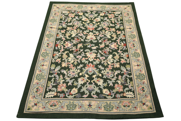 6x9 Green, Ivory, Blush Color Hand Woven Portugese Needlepoint Wool Transitional Oriental Rug