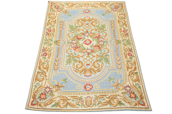 6x9 Aqua, Blue, Ivory Color Hand Woven Chainstitch Wool Traditional Oriental Rug