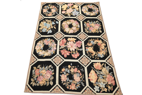 6x9 Black, Ivory, Rose Color Hand Woven French Aubusson Needlepoint Wool Traditional Oriental Rug