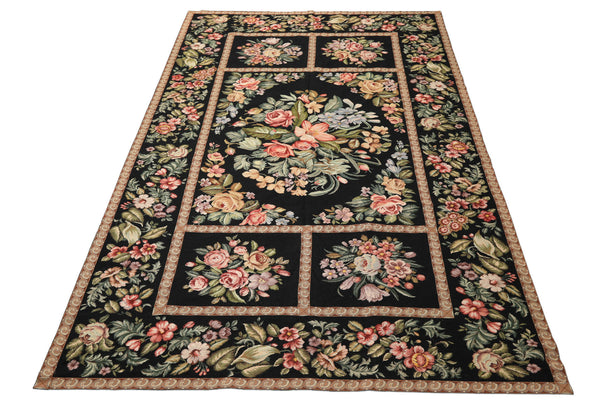 Runner Black, Tan, Green Color Hand Woven French Aubusson Needlepoint Wool Traditional Oriental Rug