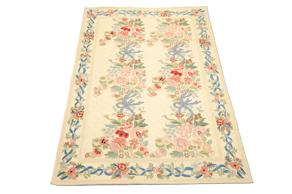 6x9 Ivory, Rose, Blue Color Hand Woven Chainstitch Wool Traditional Oriental Rug