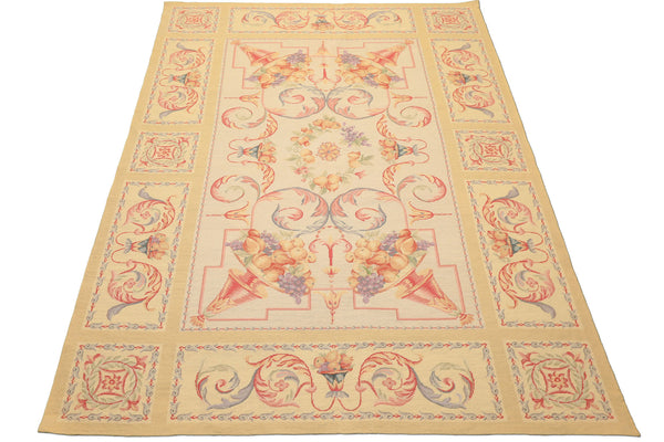 6x8 Beige, Rose, Lavender Color Hand Knotted French Aubusson Needlepoint Wool Traditional Oriental Rug
